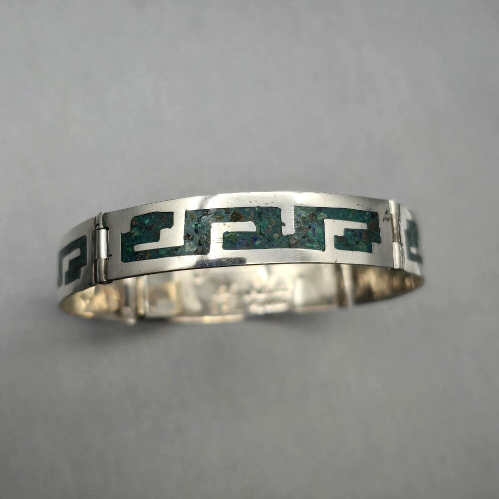 VTG Taxco Castaneda Sterling Silver 925 Turquoise Inlay Panel Bracelet 7"